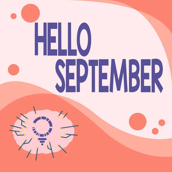 Письменный знак Hello September. Бизнес-концепция с нетерпением ждем теплый прием в сентябре месяце лампочка рисования с несколькими линиями рядом с пустым местом для записи. — стоковое фото