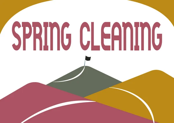 Ispirazione che mostra il segno Pulizia primaverile. Business pratica idea di pulire accuratamente casa in primavera Mountain Range Disegno con strada che porta a bandiera alzata in alto. — Foto Stock