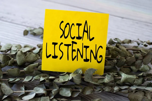 A Social Listening megjelenítése. Üzleti koncepció, amely elemzi a beszélgetések és trendek a termék üres darab ragasztó Megjegyzés Felhelyezve egy asztal tetejére mellett egy növény. — Stock Fotó