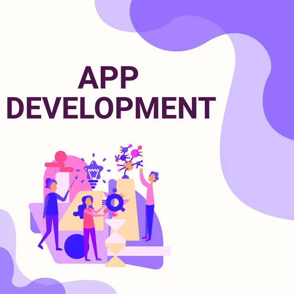 Υπογραφή εμφάνισης App Development. Έννοια έννοια Υπηρεσίες ανάπτυξης για φοβερό κινητό και web εμπειρίες Τρεις Κολεκτίβες Εικονογράφηση Εξάσκηση Χειροτεχνίας Μαζί. — Φωτογραφία Αρχείου