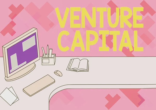 벤처 캐피탈 (Venture Capital) 은 다음을 가리킨다. 비즈니스 컨셉 자본은 위험 한 오피스 데스크와 컴퓨터 펜 홀더 오픈 블 랭크 노트북 이 있는 프로젝트에 투자되었습니다.. — 스톡 사진