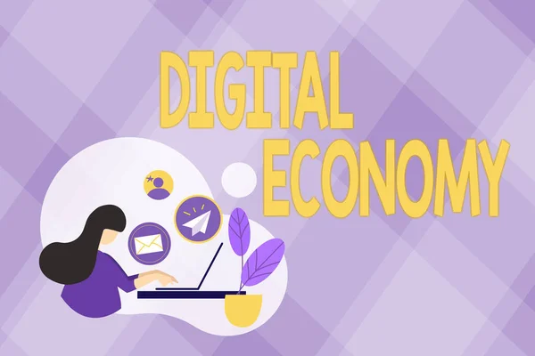 El yazısı tabelası Dijital Ekonomi. İş yaklaşımı dünya çapında ekonomik faaliyetler ve teknolojiler ağı Soyut İnternet Tarama ve Gönderme E- postaları, Uzaktan Çevrimiçi Çalışma Konsepti — Stok fotoğraf