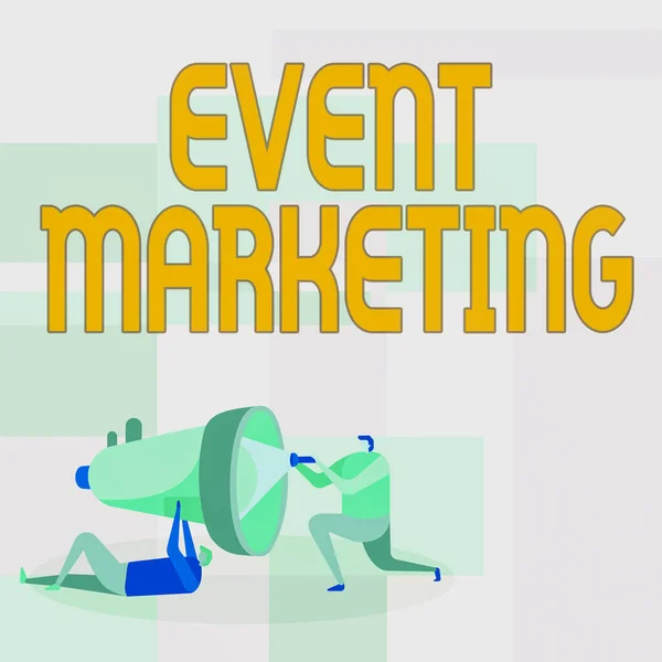 Bildunterschrift: Event Marketing. Business Showcase beschreibt den Prozess der Entwicklung von Displays zur Förderung von Produkt Workers Drawing Helping One Other With Flashlight To Fix Megaphone. — Stockfoto