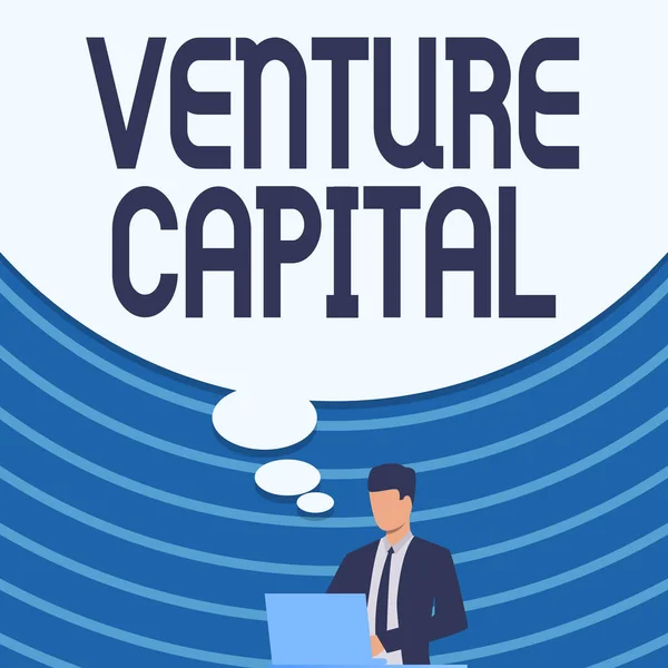 Τίτλος κειμένου που παρουσιάζει το Venture Capital. Επιχειρηματικό κεφάλαιο έννοια που επενδύονται σε ένα έργο στο οποίο υπάρχει κίνδυνος Επιχειρηματίας σε κοστούμι σχέδιο χρησιμοποιώντας το φορητό υπολογιστή με μεγάλη φούσκα ιδέα. — Φωτογραφία Αρχείου