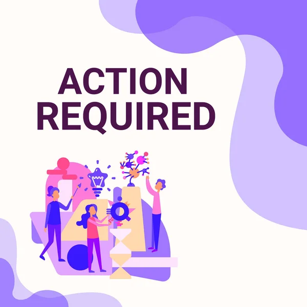 Text caption presenting Action Required. Business concept Regard an action from someone by virtue of their position Three Collagues Illustration Practicing Hand Crafts Together. — Stock Photo, Image