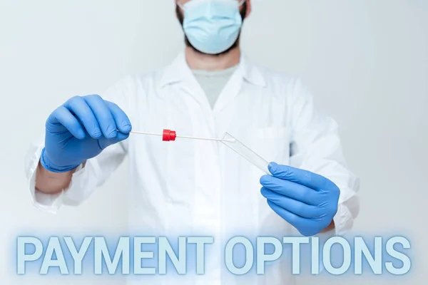Conceptual display Payment Options. Business idea The way of chosen to compensate the seller of a service Doctor Explaining Laboratory Test Result, Nurse Gather Specimen For Testing — Stock Photo, Image