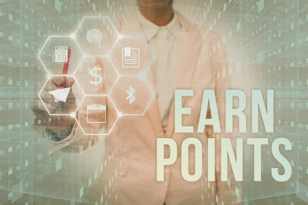 Text sign showing Earn Points. Business overview collecting scores in order qualify to win big prize Lady In Uniform Holding Tablet In Hand Virtually Tapping Futuristic Tech.