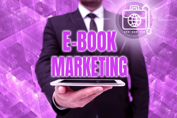 Inspiration showing sign E Book Marketing. Business idea digital file that can be used on any compatible computer Man In Office Uniform Holding Tablet Displaying New Modern Technology. — Stock Photo, Image