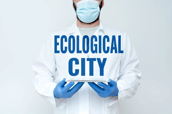 Podpis koncepcyjny "Ekologiczne Miasto". Fotografia konceptualna Osada ludzka wzorowana na samowystarczalnej strukturze Demonstrująca Technologia Medyczna Prezentująca Nowe Odkrycie Naukowe — Zdjęcie stockowe