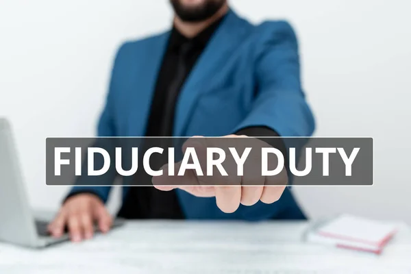 Hand writing sign Fiduciary Duty. Business concept A legal obligation to act in the best interest of other Lawyer Explaining Trial Proceedings, Real Estate Agent Offering Property