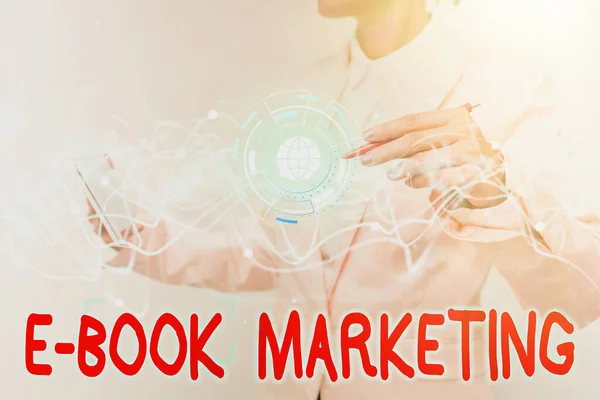 Sign displaying E Book Marketing. Business overview digital file that can be used on any compatible computer Lady In Uniform Using Futuristic Mobile Holographic Display Screen. — Stock Photo, Image