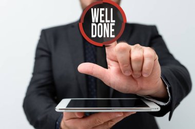 İlham, aferin işareti gösteriyor. Yeni Teknoloji Fikirleri Sunumu Teknolojik Gelişmeyi Tartışan İş Konsepti bir şey için kişi veya grubu övmek için iyi bir yol yaptı