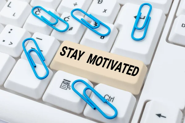 Assinatura exibindo Stay Motivated. Palavra para se recompensar cada vez que você atingir um objetivo com o conhecimento Resumo Fazendo Escrituração Virtual, Listando Novo Produto Online — Fotografia de Stock