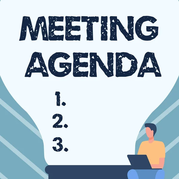 Konzeptionelle Präsentation Meeting Agenda. Word Written on A agenda setzt klare Erwartungen an das, was zu einem Meeting gehört Gentleman Sitzt und benutzt Laptop neben einer großen Glühbirne. — Stockfoto
