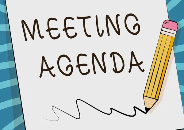 Ontwerpagenda voor vergaderingen met bijschriften. Woord voor een agenda stelt duidelijke verwachtingen voor wat nodig is om een vergadering Potlood tekenen op de top van het blad van papier Scribble Drawing Line. — Stockfoto