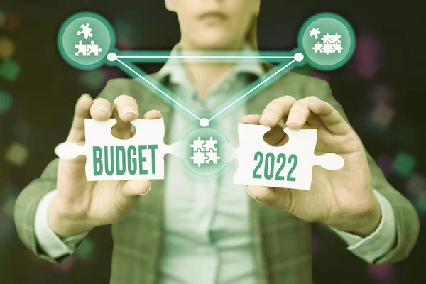 予算2022を提示するテキストキャプション。現在の年の収入と支出の概念写真推定ビジネスウーマンホールディングジグソーパズルピースロック解除新しい未来技術. — ストック写真