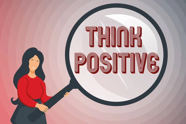 Концептуальный дисплей Think Positive. Деловой подход Тенденция быть позитивным или оптимистичным в отношении Аннотация Исследование и поиск подсказок, поиск ответов Концепции — стоковое фото