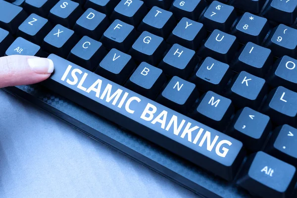 Didascalia di testo che presenta Islamic Banking. Panoramica aziendale Sistema bancario basato sui principi della legge islamica Dattilografia Nuovo Blog Indice, Scrivere script di film, Creare codici informatici — Foto Stock