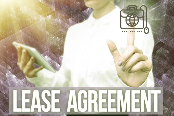 Text sign showing Lease Agreement. Business showcase Contract on the terms to one party agrees rent property Lady In Uniform Standing Hold Phone Virtual Press Button Futuristic Tech. — Stock Photo, Image