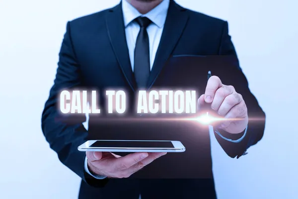 Podpis konceptualny Call To Action. Zachęcanie do podejścia biznesowego zrobić coś, aby osiągnąć cel z problemem Prezentacja nowych pomysłów technologicznych Dyskusja o poprawie technologicznej — Zdjęcie stockowe
