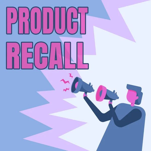 Konceptvisning Product Recall. Begreppet innebär Begäran från ett företag att returnera produkten på grund av något problem Affärsman Ritning Holding Ett par Megafoner Att göra nya tillkännagivanden. — Stockfoto