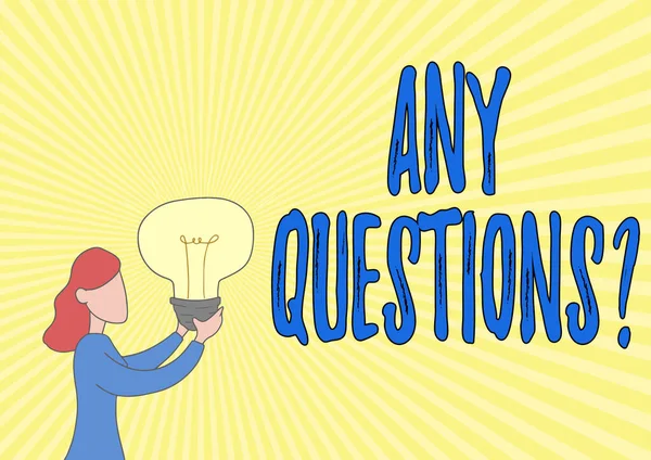 Sign displaying Any Questions Question. Word Written on you say write order to ask person about something Lady Standing Drawing Holding Light Up Showing New Ideas.