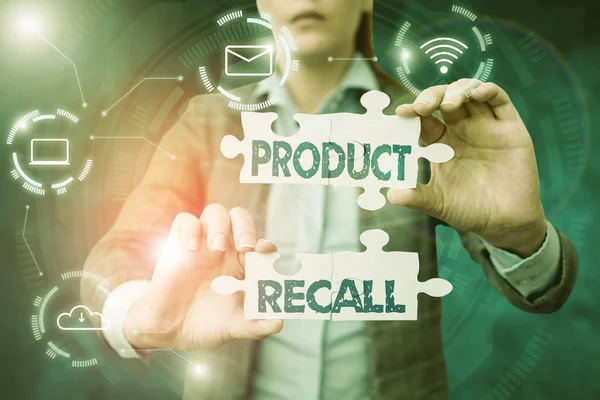 Conceptual display Product Recall. Business concept Request by a company to return the product due to some issue Business Woman Holding Jigsaw Puzzle Piece Unlocking New Futuristic Tech.