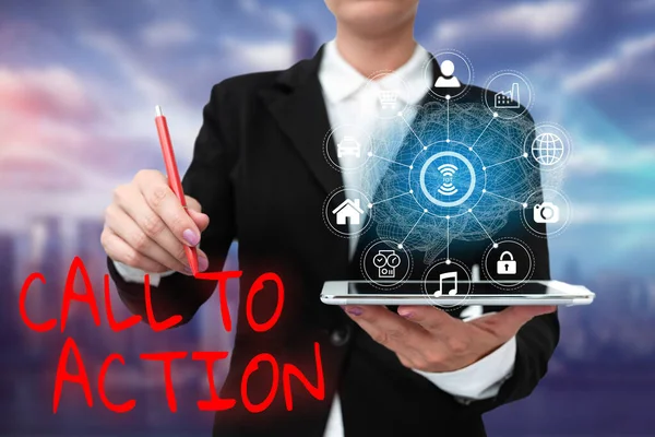 Text sign showing Call To Action. Business approach exhortation do something in order achieve aim with problem Lady In Uniform Standing Holding Tablet Typing Futuristic Technologies. — Stock Photo, Image