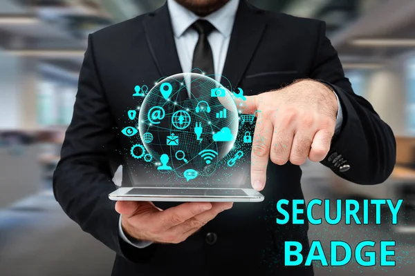 Conceptual display Security Badge. Business showcase Credential used to gain accessed on the controlled area Man In Uniform Standing Holding Tablet Typing Futuristic Technologies.