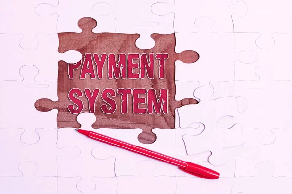 Sign displaying Payment System. Business showcase Compensation Scheme Method used in paying goods and services Building An Unfinished White Jigsaw Pattern Puzzle With Missing Last Piece — Stock Photo, Image