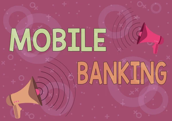 Podpis tekstowy przedstawiający Mobile Banking. Business showcase Monitorowanie sald kont Przekazywanie środków Płatności rachunków Para megafonów Rysowanie Produkowanie fal dźwiękowych Ogłoszenie. — Zdjęcie stockowe