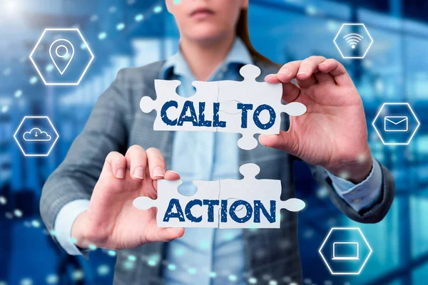 Sign displaying Call To Action. Business idea exhortation do something in order achieve aim with problem Business Woman Holding Jigsaw Puzzle Piece Unlocking New Futuristic Tech. — Stock Photo, Image