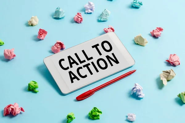 Szöveg megjelenítése Call To Action. Word írt buzdítás tenni valamit annak érdekében, hogy elérje a célt a probléma Brainstorming technológiai problémák javítása és korszerűsítése Termék — Stock Fotó