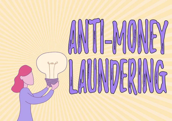 Writing displaying text Anti Money Laundering. Word Written on regulations stop generating income through illegal actions Lady Standing Drawing Holding Light Up Showing New Ideas.