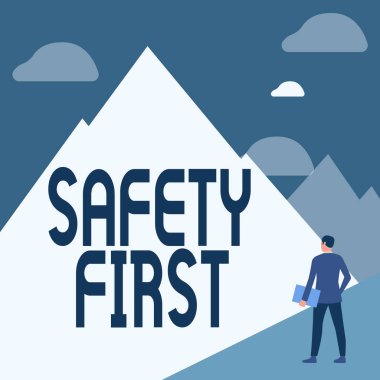 Önce kavramsal gösterim güvenliği. Sözcük yazıldığı gibi, en önemli şey güvende olmaktır Takım elbiseli beyefendi ayakta duran uzun dağ sırasına bakan defter..