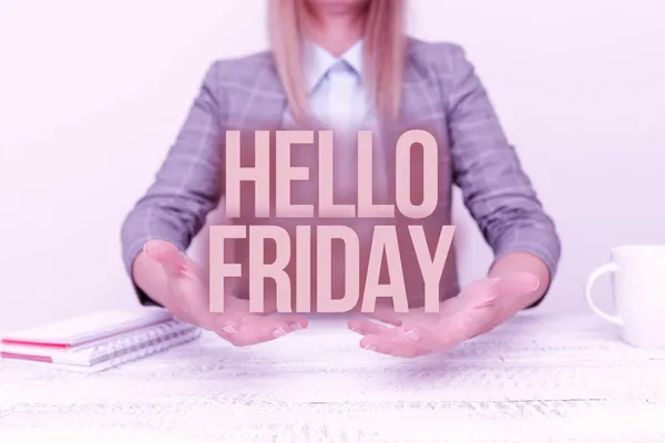 Szöveges felirat bemutatása Hello Friday. Fogalmi fotó használják, hogy kifejezze a boldogságot az elején a friss hét Magyarázata új üzleti tervek, tájékozódás és a vállalat Bevezetés — Stock Fotó