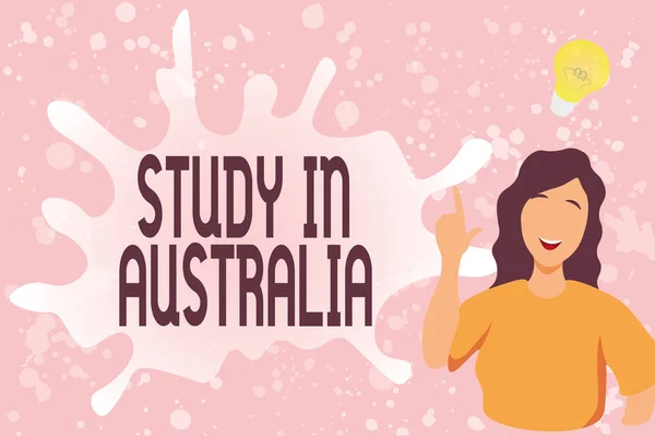 Inspiraatio osoittaa merkki Study In Australia. Liikeidea menee ulkomaille järjestyksessä suorittaa opinnot Lady Illustration Discovery Uusi Idea Lamppu Puhe Bubble. — kuvapankkivalokuva