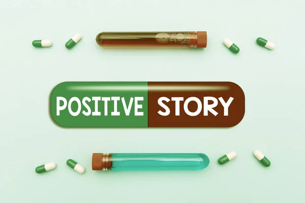 Metin Pozitif Hikaye Yazılıyor. İş yaklaşımı anlamlı ve motive edici makale İyi Haberler Başarı kepçesi İlaç Vitaminleri ve Mineral Hapları ve Tıbbi Malzemeler — Stok fotoğraf