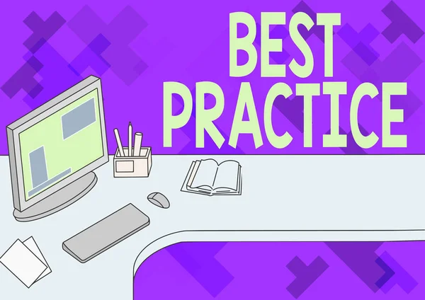 Bildunterschrift: Best Practice. Geschäftsübersicht Geschäftsprozesse, die akzeptiert werden vorgeschrieben, richtig Office Desk mit Computer Pen Holder und Open Blank Notebook. — Stockfoto