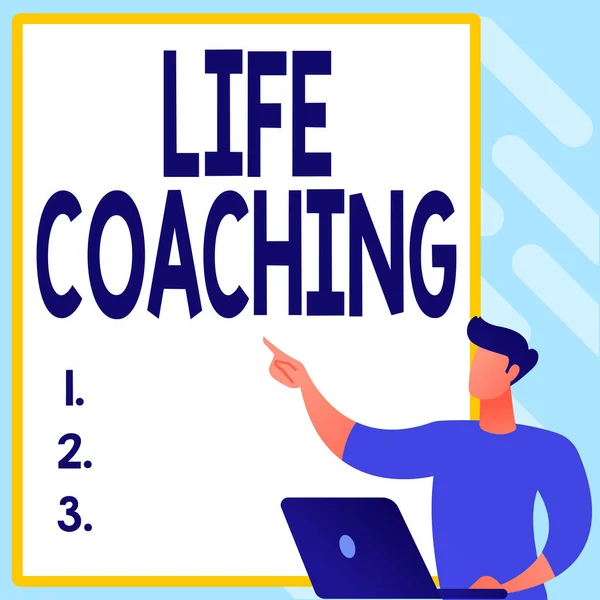 Konceptvisning Life Coaching. Word Skrivet om person anställd för att hjälpa till att visa uppnå sina mål i karriären Skapa nya datoriserade arkivering System, Fylla Online Dokument — Stockfoto