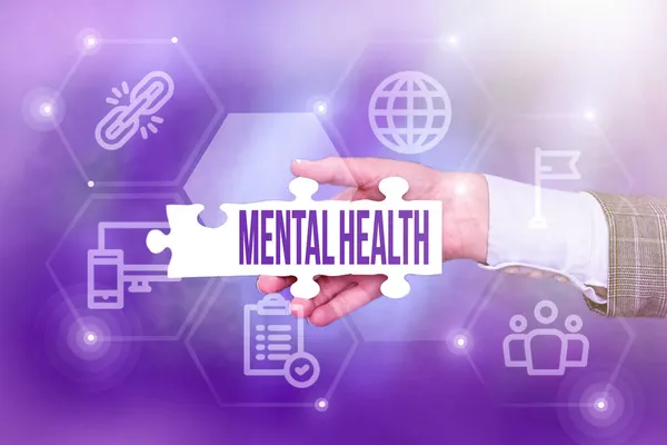 Sign displaying Mental Health. Word Written on persons condition regard to their psychological well being Hand Holding Jigsaw Puzzle Piece Unlocking New Futuristic Technologies. — Stock Photo, Image