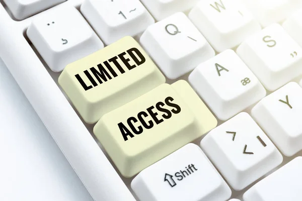 Text sign showing Limited Access. Business concept Having access restricted to a quite small number of points Typing Online Member Name Lists, Creating New Worksheet Files — Stock Photo, Image