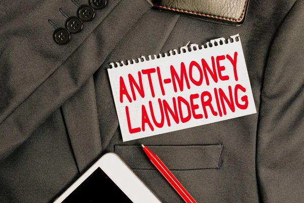 Text caption presenting Anti Money Laundering. Conceptual photo regulations stop generating income through illegal actions Presenting New Proper Work Attire Designs, Displaying Formal Office Clothes