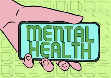 Zihinsel Sağlık metni yazılıyor. İş yaklaşım kişilerinin psikolojik durumu, Ekranda Yeni Teknoloji Gösteren Yetişkin El Resimleri Tutma Mobiliyle ilgilidir.