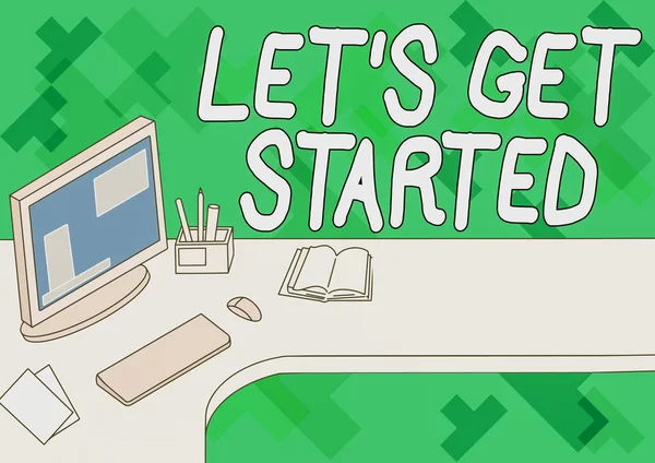 Tekst pokazujący inspirację Let S Get Start. Przegląd biznesowy zachęcający kogoś do rozpoczęcia robienia czegoś Office Desk z uchwytem na długopisy i Open Blank Notebook. — Zdjęcie stockowe