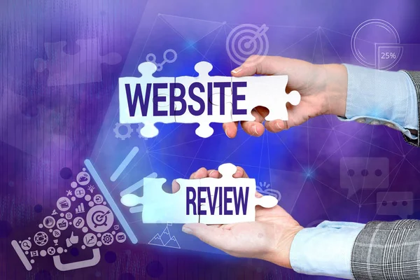 Conceptual display Website Review. Conceptual photo Reviews that can be posted about businesses and services Hand Holding Jigsaw Puzzle Piece Unlocking New Futuristic Technologies. — Stock Photo, Image