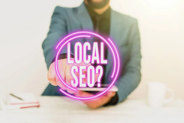Inspiration mit Zeichen Local Seoquestion. Unternehmen präsentieren unglaublich effektive Möglichkeit, Ihr lokales Geschäft online zu vermarkten. — Stockfoto