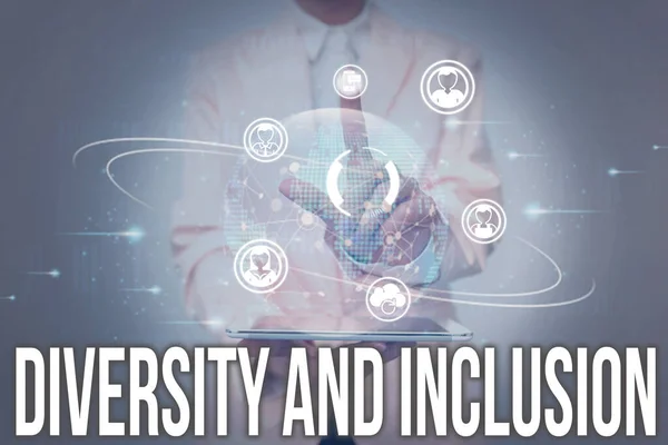 Text sign showing Diversity And Inclusion. Word Written on range human difference includes race ethnicity gender Lady In Uniform Holding Tablet In Hand Virtually Tapping Futuristic Tech.
