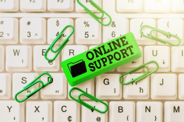 Çevrimiçi Desteği gösteren metin işareti. İş konsepti, müşterilere Elektronik Etkileşim Kurumsal Ofis Daktilo İşleri, Daktilo Önemli İş Raporları için yardım