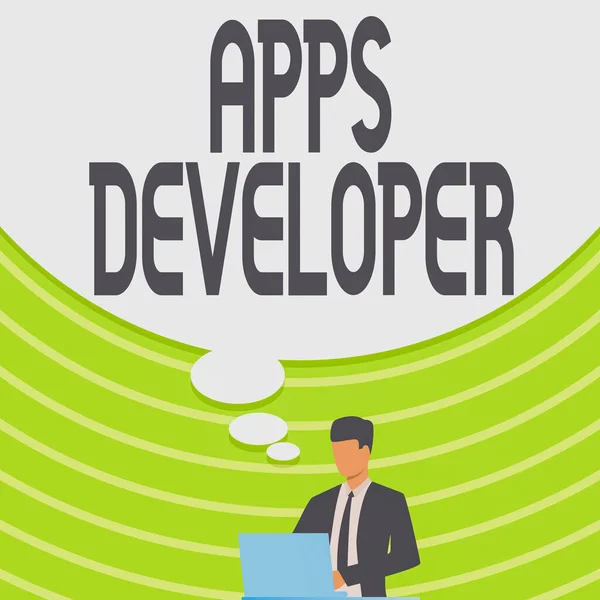 Έμπνευση που δείχνει σημάδι Apps Developer. Επιχειρηματική επίδειξη γραφίστας προγραμματιστής λογισμικού και αναλυτές εμπειρογνώμονες Επιχειρηματίας στο σχέδιο κοστουμιών χρησιμοποιώντας το lap-top με τη μεγάλη φυσαλίδα ιδεών. — Φωτογραφία Αρχείου